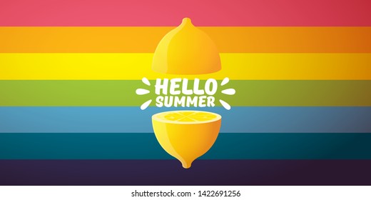 Vector Hello Summer Beach Party horizontal banner Design template with fresh lemon isolated on rainbow background. Hello summer concept label or poster with orange fruit and typographic text.