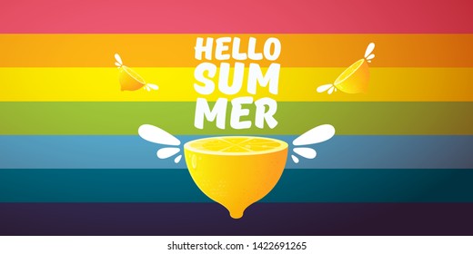 Vector Hello Summer Beach Party horizontal banner Design template with fresh lemon isolated on rainbow background. Hello summer concept label or poster with orange fruit and typographic text.