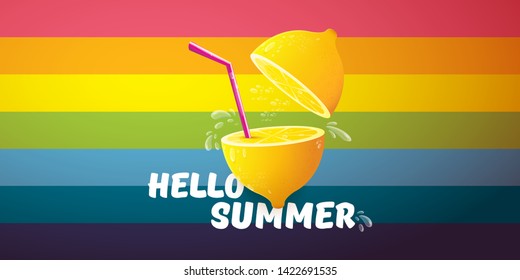 Vector Hello Summer Beach Party horizontal banner Design template with fresh lemon isolated on rainbow background. Hello summer concept label or poster with orange fruit and typographic text.