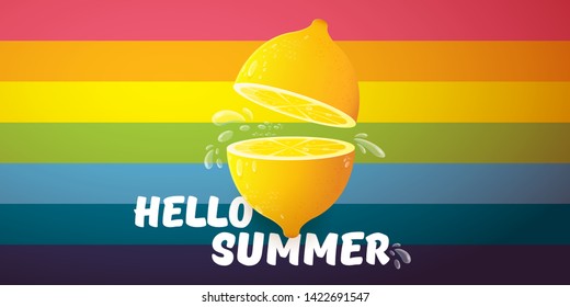 Vector Hello Summer Beach Party horizontal banner Design template with fresh lemon isolated on rainbow background. Hello summer concept label or poster with orange fruit and typographic text.