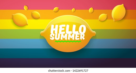 Vector Hello Summer Beach Party horizontal banner Design template with fresh lemon isolated on rainbow background. Hello summer concept label or poster with orange fruit and typographic text.