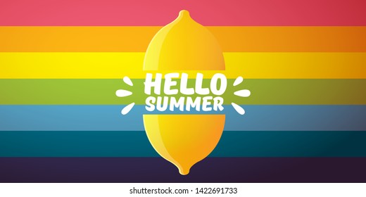 Vector Hello Summer Beach Party horizontal banner Design template with fresh lemon isolated on rainbow background. Hello summer concept label or poster with orange fruit and typographic text.