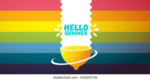 Vector Hello Summer Beach Party horizontal banner Design template with fresh lemon isolated on rainbow background. Hello summer concept label or poster with orange fruit and typographic text.