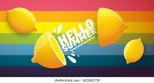 Vector Hello Summer Beach Party horizontal banner Design template with fresh lemon isolated on rainbow background. Hello summer concept label or poster with orange fruit and typographic text.
