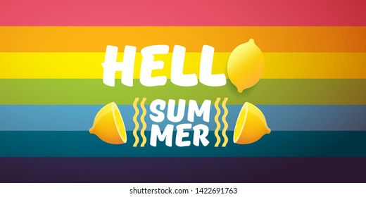 Vector Hello Summer Beach Party horizontal banner Design template with fresh lemon isolated on rainbow background. Hello summer concept label or poster with orange fruit and typographic text.