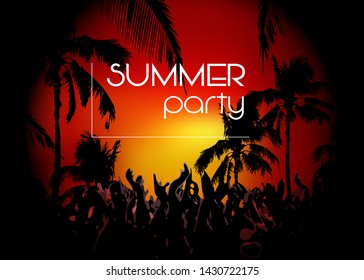 Vector Hello Summer Beach Party Flyer, disco party sunset background  