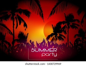 Vector Hello Summer Beach Party Flyer, disco party sunset background