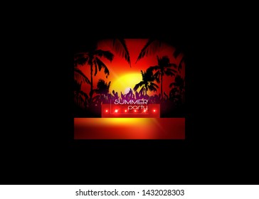 Vector Hello Summer Beach Party Flyer, banner invitation disco party sunset card background