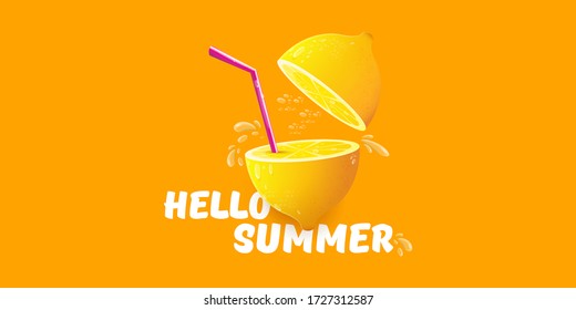 Vector Hello Summer Beach Party horizontal banner Design template with fresh lemon isolated on orange  background. Hello summer concept label or poster with orange fruit and typographic text.