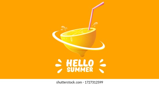 Vector Hello Summer Beach Party horizontal banner Design template with fresh lemon isolated on orange  background. Hello summer concept label or poster with orange fruit and typographic text.