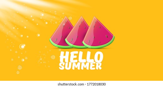 Vector Hello Summer Beach Party horizontal banner Design template with fresh watermelon slice isolated on orange background. Hello summer concept label or poster with fruit and typographic text.