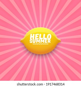 Vector Hello Summer Beach Party Flyer Design template with fresh lemon on pink sky with rays of light background. Hello summer concept label or poster with orange fruit and typographic text.