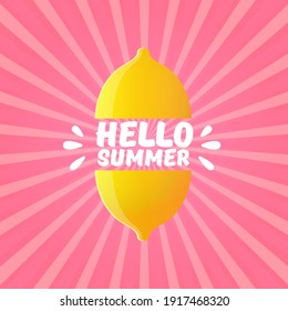 Vector Hello Summer Beach Party Flyer Design template with fresh lemon on pink sky with rays of light background. Hello summer concept label or poster with orange fruit and typographic text.