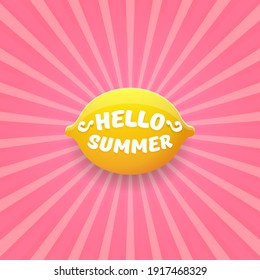 Vector Hello Summer Beach Party Flyer Design template with fresh lemon on pink sky with rays of light background. Hello summer concept label or poster with orange fruit and typographic text.