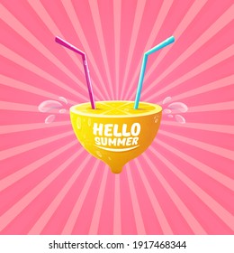 Vector Hello Summer Beach Party Flyer Design template with fresh lemon on pink sky with rays of light background. Hello summer concept label or poster with orange fruit and typographic text.