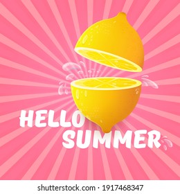 Vector Hello Summer Beach Party Flyer Design template with fresh lemon on pink sky with rays of light background. Hello summer concept label or poster with orange fruit and typographic text.