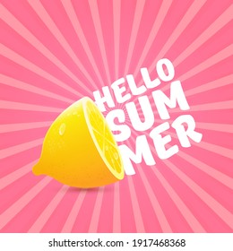 Vector Hello Summer Beach Party Flyer Design template with fresh lemon on pink sky with rays of light background. Hello summer concept label or poster with orange fruit and typographic text.
