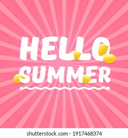 Vector Hello Summer Beach Party Flyer Design template with fresh lemon on pink sky with rays of light background. Hello summer concept label or poster with orange fruit and typographic text.