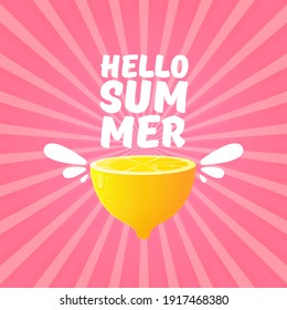 Vector Hello Summer Beach Party Flyer Design template with fresh lemon on pink sky with rays of light background. Hello summer concept label or poster with orange fruit and typographic text.