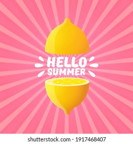 Vector Hello Summer Beach Party Flyer Design template with fresh lemon on pink sky with rays of light background. Hello summer concept label or poster with orange fruit and typographic text.