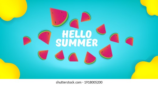 Vector Hello Summer Beach Party horizontal banner Design template with fresh watermelon slice isolated on azure background. Hello summer concept label or poster with fruit and typographic text.