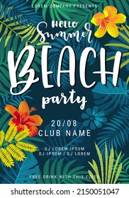 Vector Hello Summer Beach Party beautiful jungle exotic leaves flyer, poster, banner template. Modern calligraphy summer design. Monstera, hibiscus flower, tropical plants. Summertime illustration