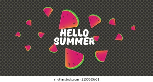 Vector Hello Summer Beach Party banner horizontal Planilla de diseño con rebanada de sandía fresca aislada en fondo gris. Hola etiqueta de concepto de verano o afiche con fruta y texto tipográfico.