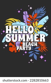 Vector Hello Summer Beach Party greeting card. Bright experimental color palette. Summer banana leaves background. Night party poster template. Exotic artistic tropical postcard, flyer, poster design