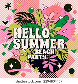 Vector Hello Summer Beach Party postcard. Bright subdued colors in retro hippie style. Summertime banana leaves isolated on white background. Tropical flyer, poster design. Social media post template