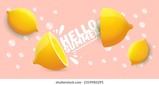 Vector Hello Summer Beach Party horizontal banner Design template with fresh lemon isolated on pink background. Hello summer concept label, flyer and poster with lemon fruit and typographic text.