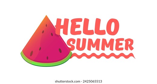 Vector Hello Summer Beach Party horizontal banner Design template with fresh watermelon slice isolated on white background. Hello summer concept label or poster with fruit and typographic text.