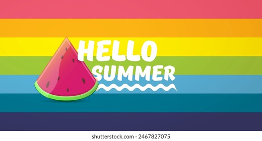 Vector Hello Summer Beach Party horizontal banner Design template with fresh watermelon slice isolated on rainbow background. Hello summer concept label or poster with fruit and typographic text.