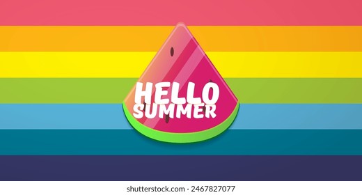 Vector Hello Summer Beach Party horizontal banner Design template with fresh watermelon slice isolated on rainbow background. Hello summer concept label or poster with fruit and typographic text.
