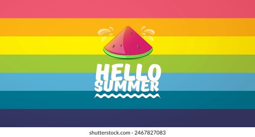 Vector Hello Summer Beach Party horizontal banner Design template with fresh watermelon slice isolated on rainbow background. Hello summer concept label or poster with fruit and typographic text.