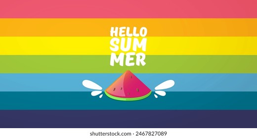 Vector Hello Summer Beach Party horizontal banner Design template with fresh watermelon slice isolated on rainbow background. Hello summer concept label or poster with fruit and typographic text.