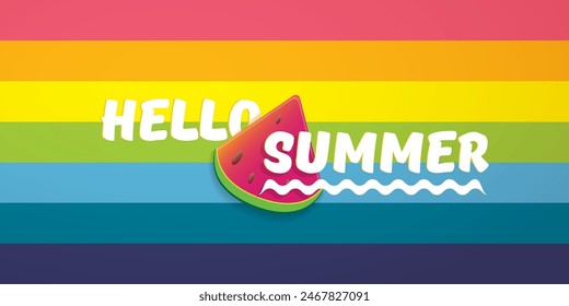 Vector Hello Summer Beach Party horizontal banner Design template with fresh watermelon slice isolated on rainbow background. Hello summer concept label or poster with fruit and typographic text.