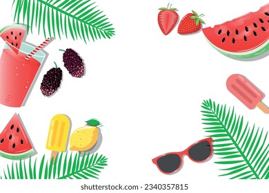 Vector hello summer vector card or banner template on wooden table background. Watermelon, detox, ice cream, mulberries, strawberries and lemon Fresh green palm leaves frame. Fashilonabale Sunglasses.