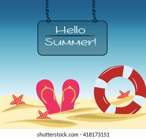 Vector Hello Summer Card with beach, starfish, life buoy and flip flops. Maritime theme Summer card