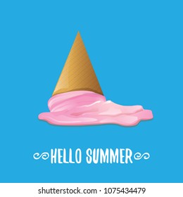 vector hello summer vector concept illustration with melt pink ice cream  on blue background. Start of summer background