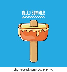 vector hello summer vector concept illustration with melt pink ice cream  on blue background. Start of summer background