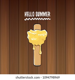 vector hello summer vector concept illustration with melt pink ice cream on wooden background. Start of summer background