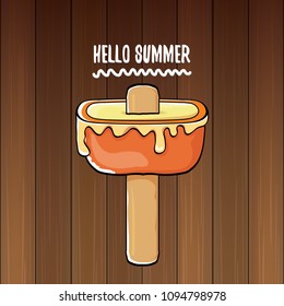 vector hello summer vector concept illustration with melt pink ice cream on wooden background. Start of summer background