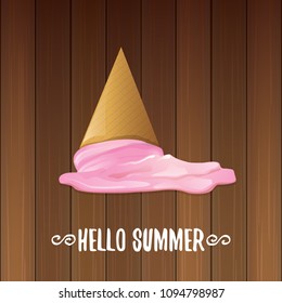vector hello summer vector concept illustration with melt pink ice cream on wooden background. Start of summer background