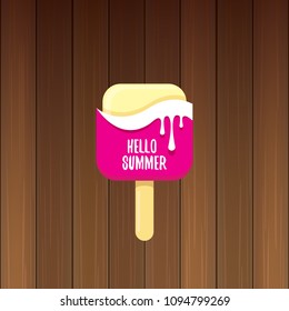 vector hello summer vector concept illustration with melt pink ice cream on wooden background. Start of summer background
