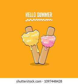 vector hello summer vector concept illustration with melt pink ice cream on orange background. Start of summer background
