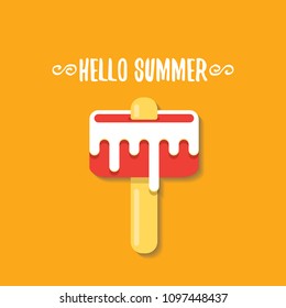 vector hello summer vector concept illustration with melt pink ice cream on orange background. Start of summer background
