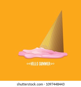 vector hello summer vector concept illustration with melt pink ice cream on orange background. Start of summer background
