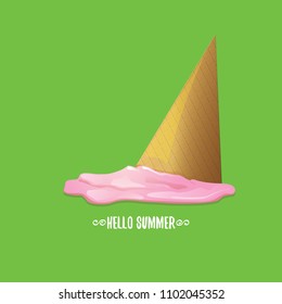 vector hello summer vector concept illustration with melt pink ice cream on green background. Start of summer background