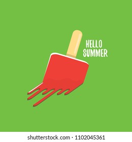 vector hello summer vector concept illustration with melt pink ice cream on green background. Start of summer background