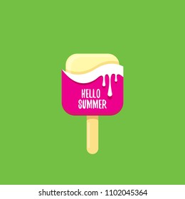 vector hello summer vector concept illustration with melt pink ice cream on green background. Start of summer background